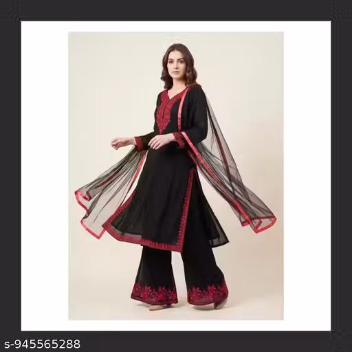 Women's Black Embroidered Georgette Kurta Set with Dupatta | Embroidery Kurta Pant Dupatta Set | Chikankari Georgette Kurta Set for Women