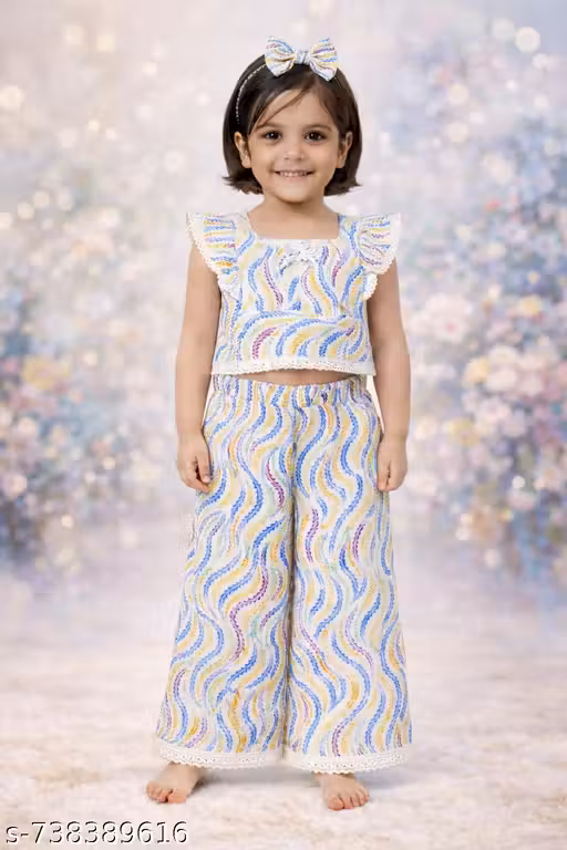 Girls Cotton Printed Sleeveless Top & Palazzo Set with Hair Bow | Kids Summer Wear
