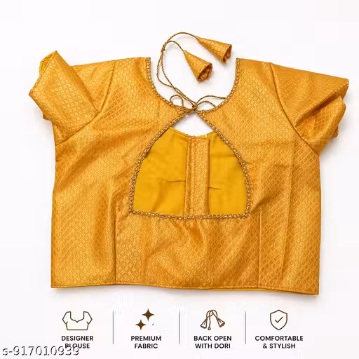 Women Golden Jacquard Silk Readymade Saree Blouse | Designer Back Neck Blouse