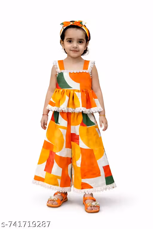 Pure cotton Girls Printed Top & Palazzo Set with hairband.Stylish Cotton Kids Co-Ord Set for Girls