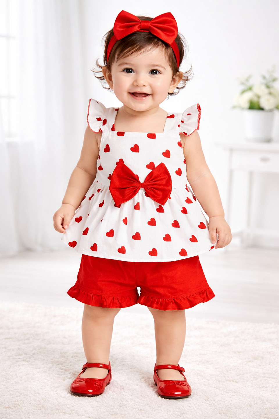 m boutique Baby Girls Above Knee Party Dress (White, Red, Cap Sleeve)