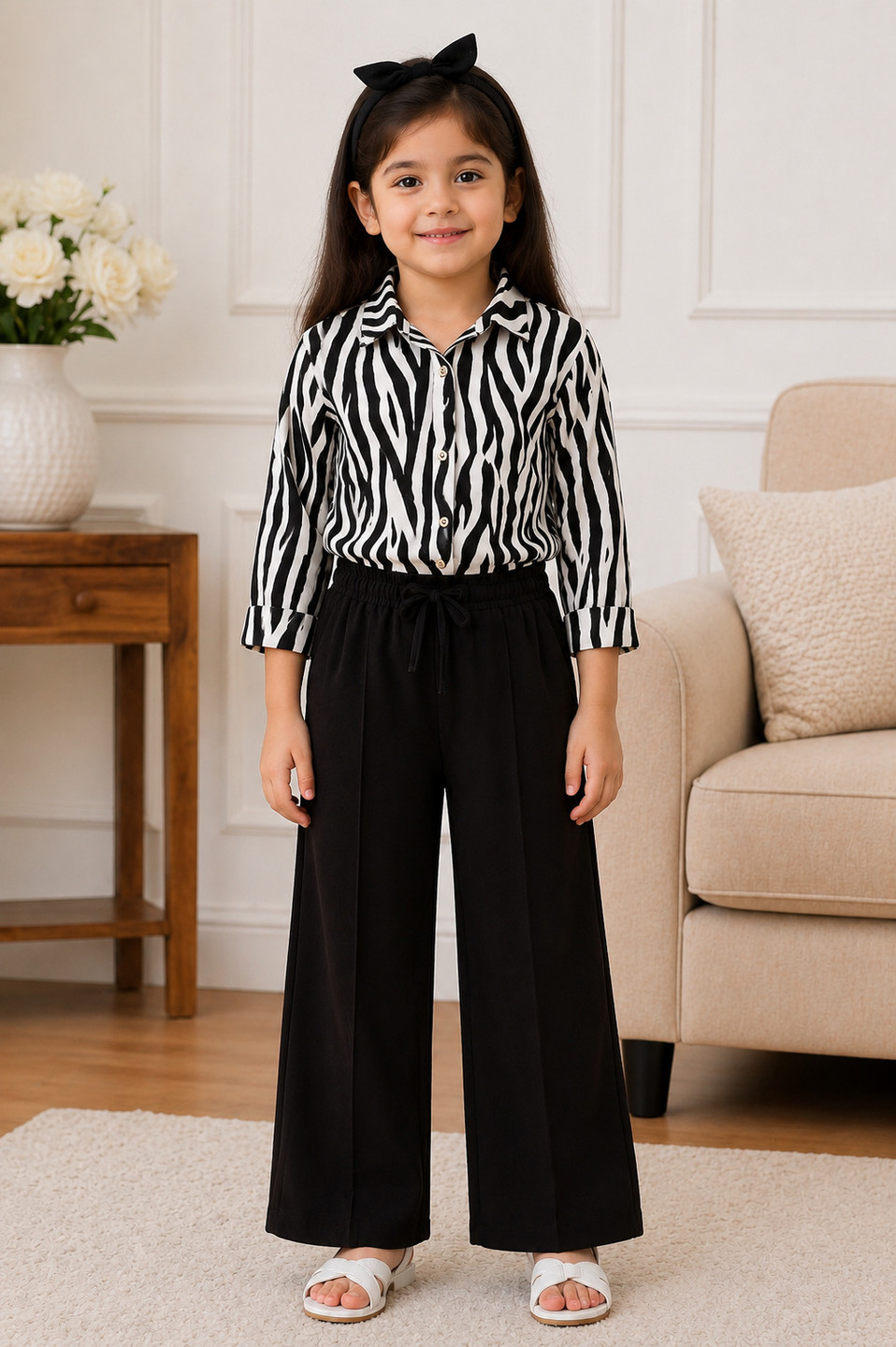 AREEBA FASHION Girls Casual Shirt Pant (BLACK&WHITE, Pack of 1)