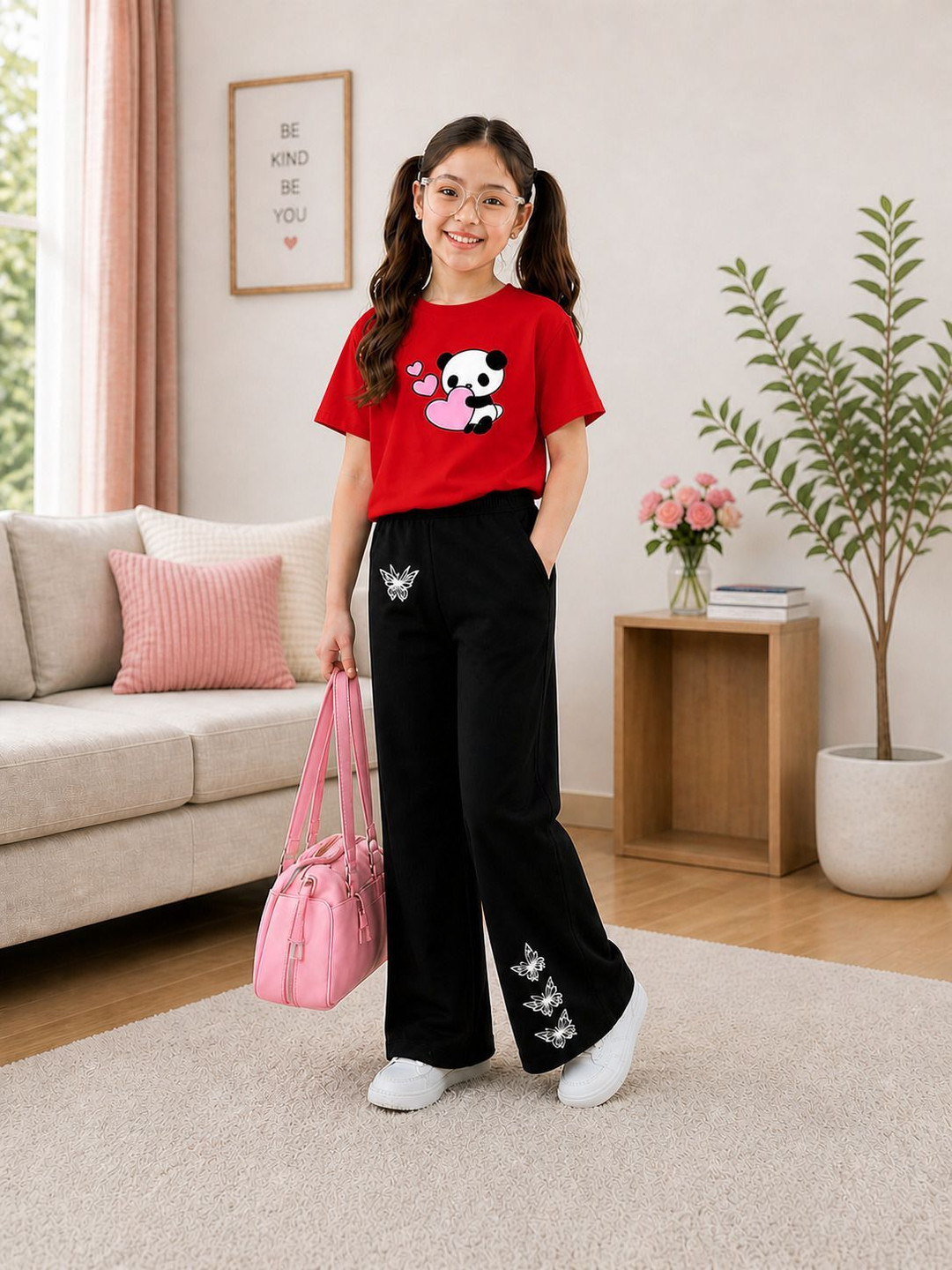 SBLANER Girls Casual T-shirt Pant (Red, Black)