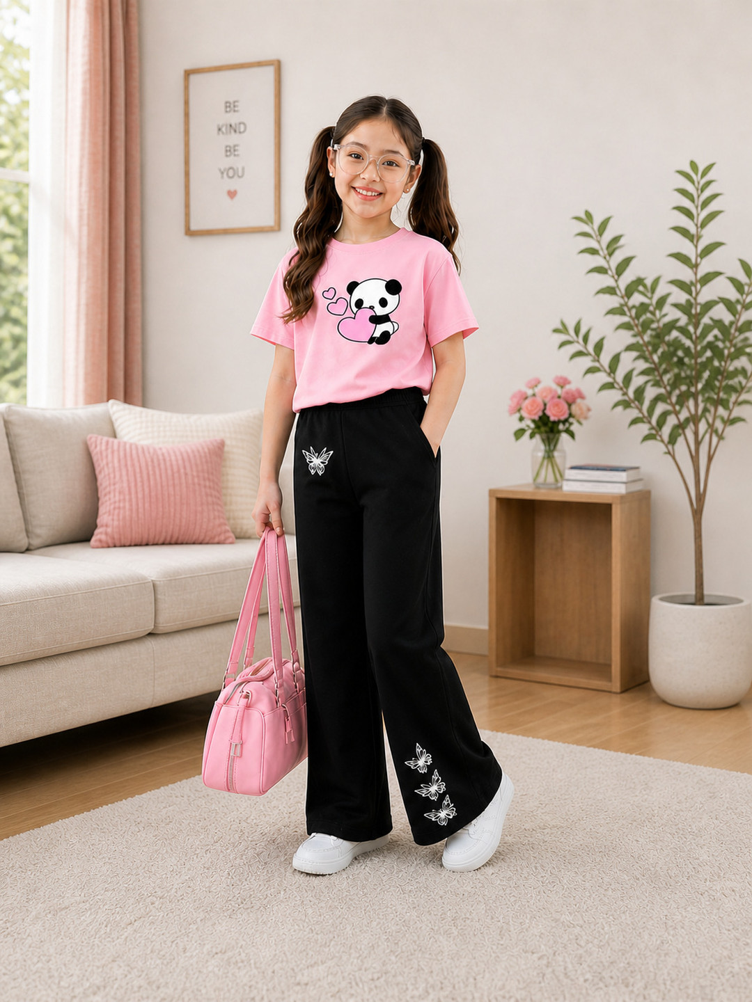 SBLANER Girls Casual T-shirt Pyjama (Pink, Black, Pack of 2)