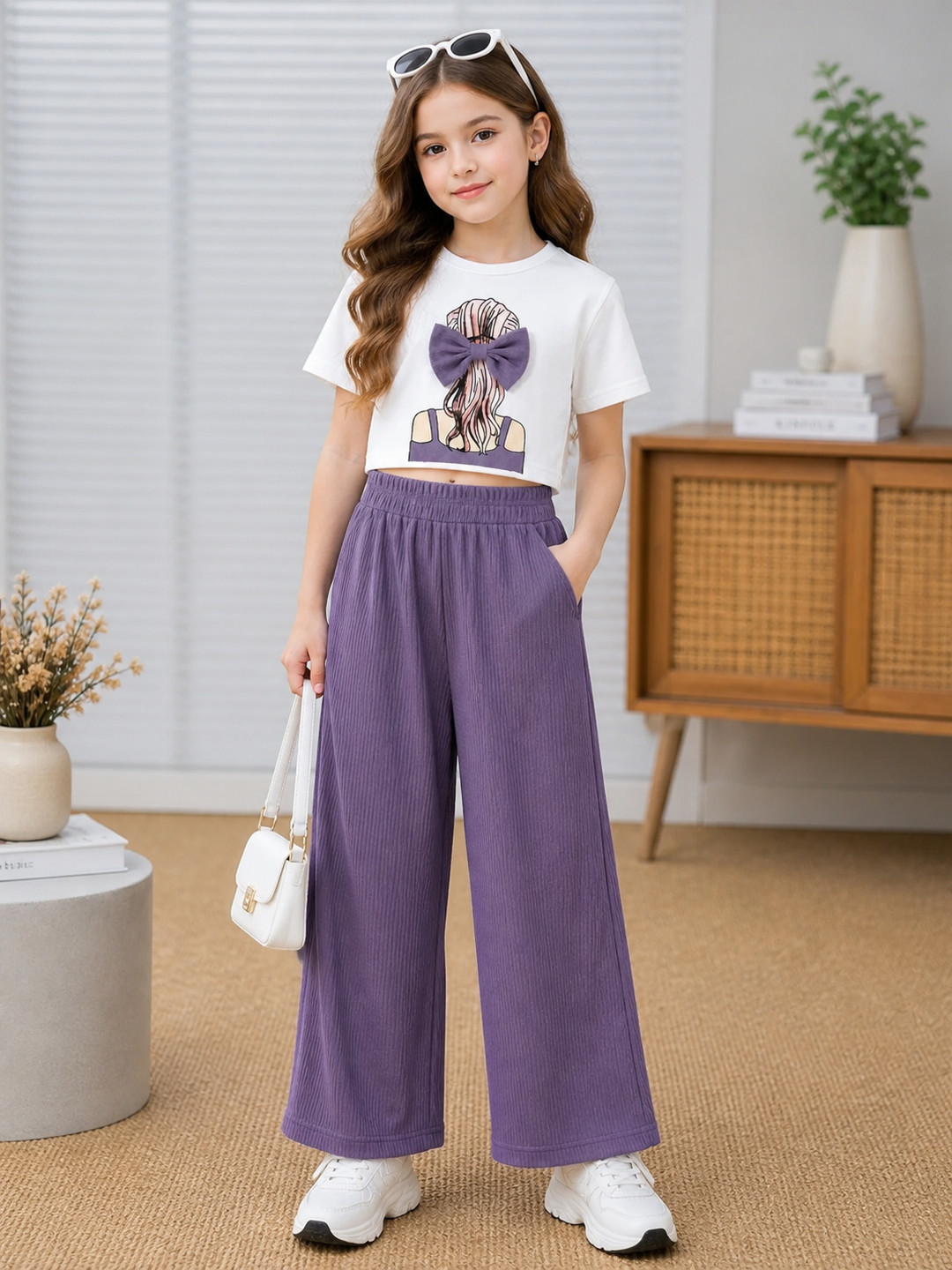 ALANTA Girls Casual Top Pant (Purple, Pack of 1)