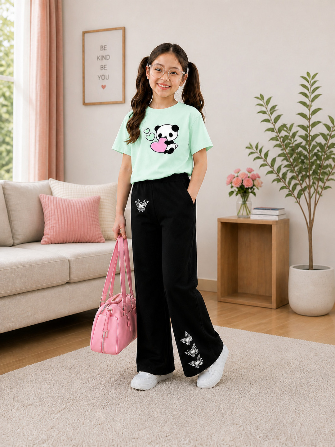 SBLANER Girls Casual T-shirt Pant (Mint Green, Black, Pack of 1)