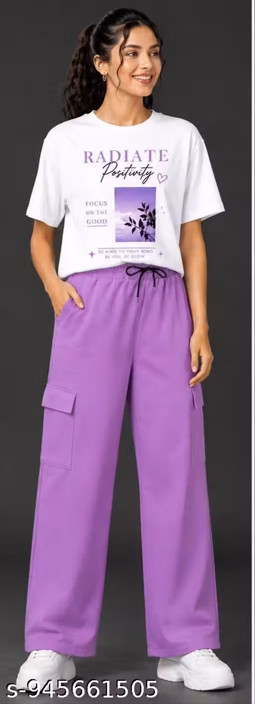 Women Co-ord Set Oversized Printed White T-Shirt & Lavendar Cargo Pant | Oversized T-Shirt with Cargo Pants | Casual Wear Set, Women 2 Piece Set | Oversized Printed Tee & Relaxed Fit Cargo Pant