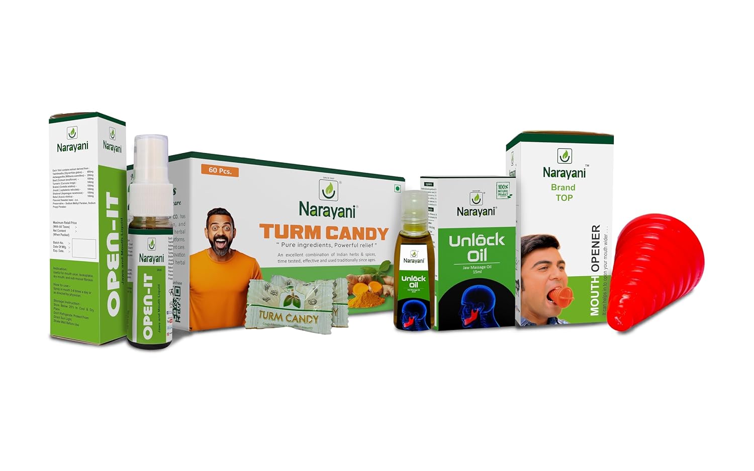 Narayani's Mouth Opening Kit for Sub-Mucus Fibrosis | 60 Turm Candy, 3 Open It Spray, 2 Open Oil, 1 Mouth Opener