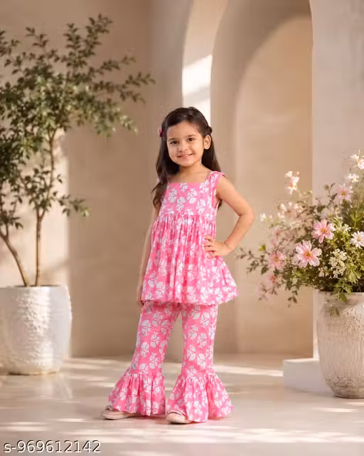 Stylish Cute Girls Floral Printed Top and Palazzo Pants Outfit Set
