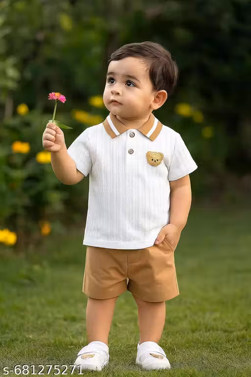 Trendy Baby Boys Cotton Polo T-Shirt & Shorts Set with Cute Bear Patch