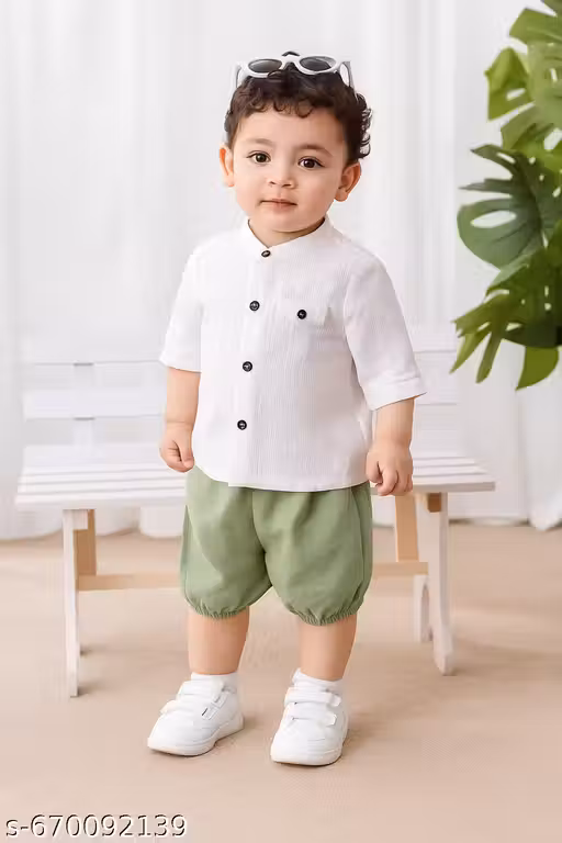 Stylish Cotton Baby Boy Shirt & Shorts Set – White & Green | Summer Outfit