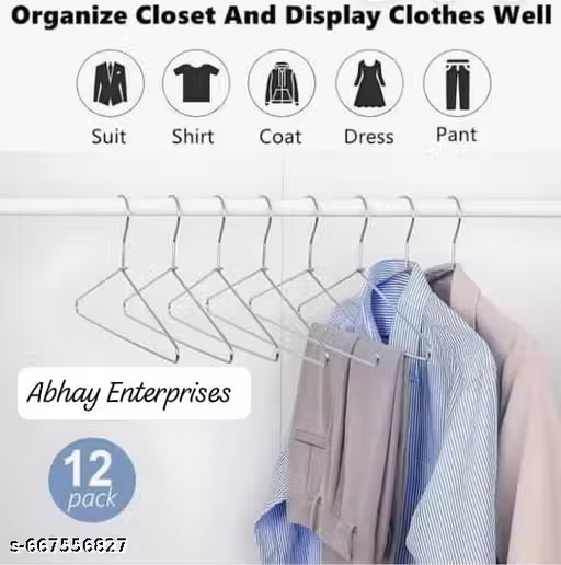 ABHAY Stainless Steel Clothes Hanger,Metal Wire Hangers for Clothes with Non Slip Grooves,Clothes Wire Hangers pack of 12
