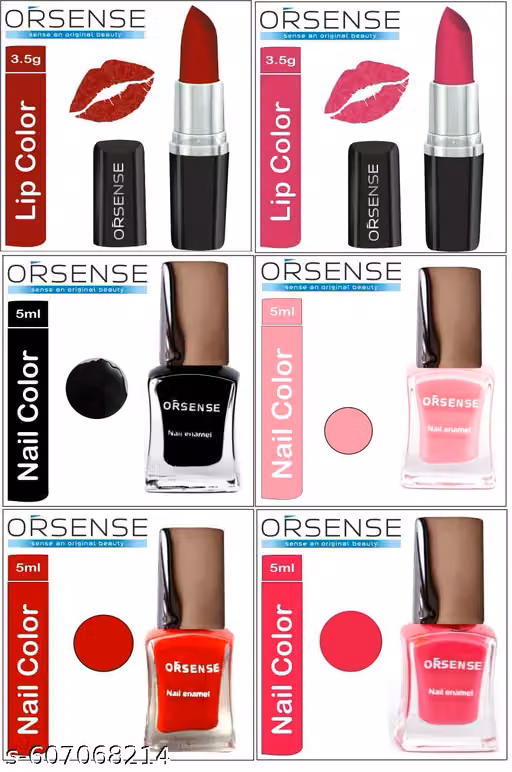 Orsense Nail Polish Multi Glossy Pack of 4 With 2 lipsticks 30 mL