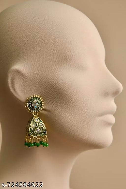Antique Indian Bell- Earrings with Green Bead Accents
