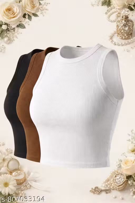 GoVogue Women Solid Ribbed Sleeveless Crop Tank Top – Combo Pack of 3