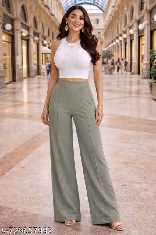 GoVogue Women Olive Green Casual Pant – Stretchable Flat Trousers