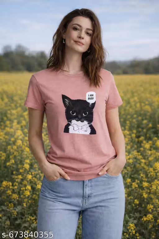 GoVogue Women’s Dusty Pink Printed Round Neck Half Sleeve T-Shirt