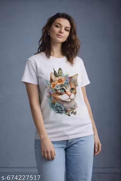 GoVogue Women White Printed Cotton T-Shirt – Casual Round Neck Tee