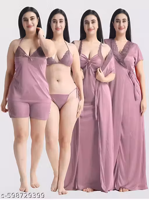 nighty set Women premium 6 in red satin night wear and nighty set gown,nighty,shorts,and robe etc...
