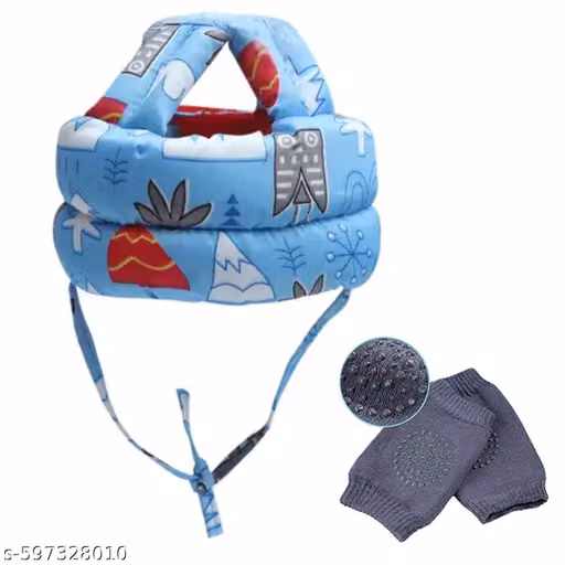 Baby Infant Toddler Helmet No Bump Safety Head Cushion Bumper Bonnet Adjustable Protective Forest Printed Cap Child Safety Helmet Headguard + Baby Kneepads (Blue)