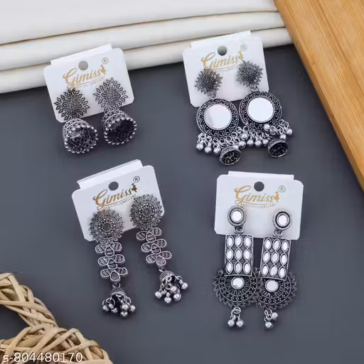 Women’s Traditional Oxidised Earrings Combo Set – Peacock Studs, Long Leaf Jhumka & Classic Chandbali