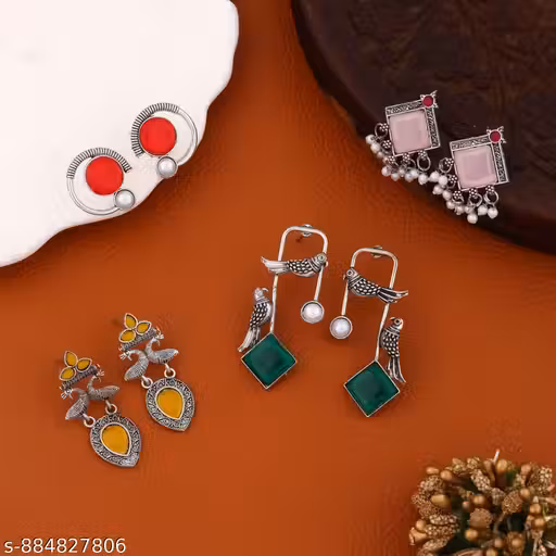 Stylish Oxidised Silver Earrings Combo – Boho Ethnic Jhumka & Designer Drop Earrings (Pack of 4)