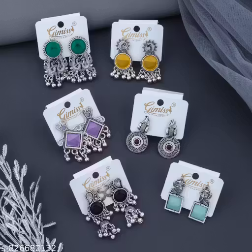 Bohemian Oxidized Silver Dangle Earrings Set – Colorful Stone Statement Earrings