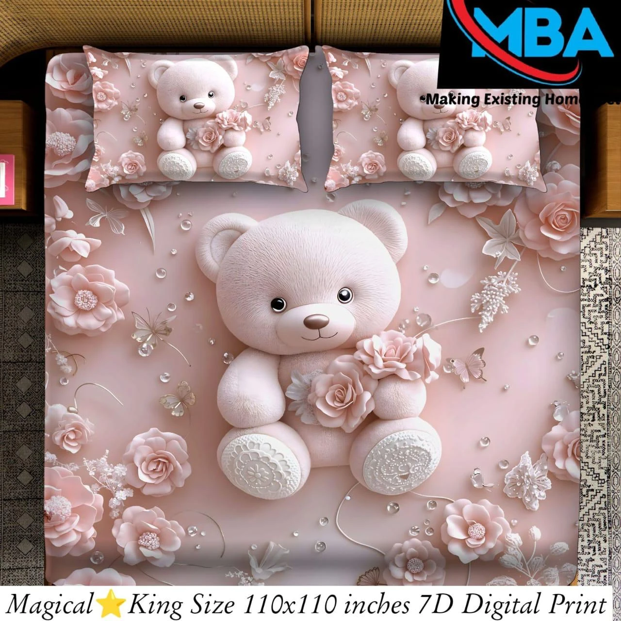 7D bedsheet for Double Bed 300TC Premium Cotton Feel Microfiber with 2 King Size Pillow Cover | 225 cm x 250 CM | Blue Birds Kids