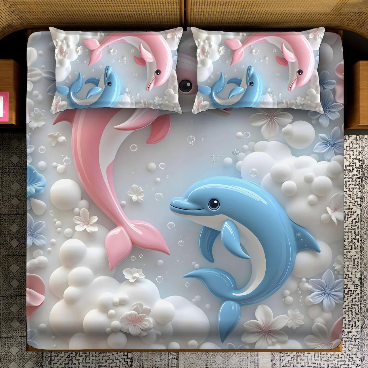 7D bedsheet for Double Bed 300TC Premium Cotton Feel Microfiber with 2 King Size Pillow Cover | 225 cm x 250 CM | Blue Birds Kids