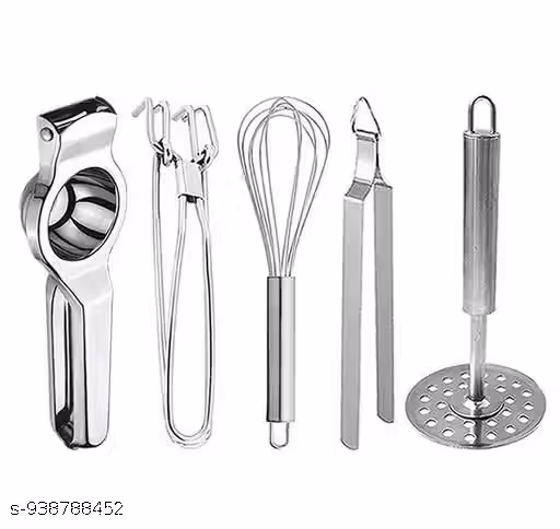 A set of five basicstainless steel kitchen tools, including a lemon squeezer, chimta, pipe masher, whisker, and pakkad.