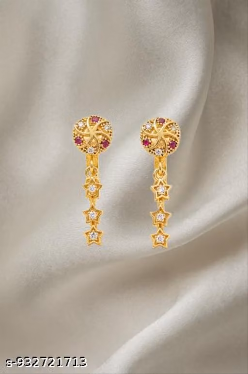 Women’s Gold Plated Star Drop Bali Earrings – Red & White AD Stone Designer Lightweight Fashion Jewellery for Ethnic, Party & Daily Wear