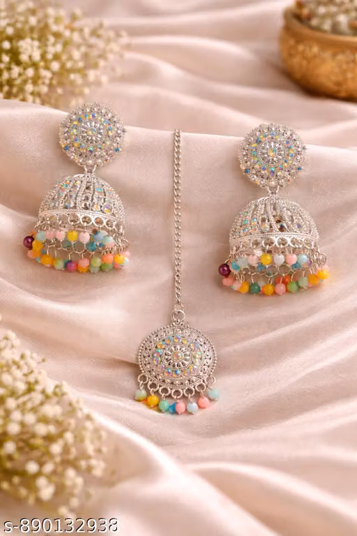 Trendy Multicolor Oxidised Jhumka Earrings with Maang Tikka Set for Women | Designer Ethnic Festive & Wedding Jewellery