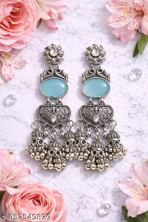 Women’s Royal Sky Blue Stone Oxidised Silver Jhumka Earrings – Lightweight Designer Ethnic Jewellery for Wedding, Festive & Party Wear
