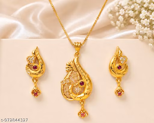 Gold Plated Pendant Necklace Set with Matching Earrings for Women & Girls | Traditional Party Wear Jewellery Set | Bridal Ethnic Necklace Set
