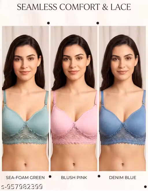 Women Seamless Lace Bra | Padded Wirefree Comfort Bra | Soft Everyday Push Up Bra | Stylish Designer Lingerie for Women