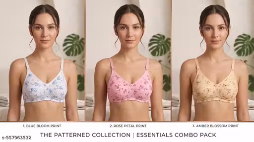 Women Printed Cotton Bra Combo Pack of 3 | Padded Wirefree Full Coverage Bra | Soft Floral Daily Wear Lingerie