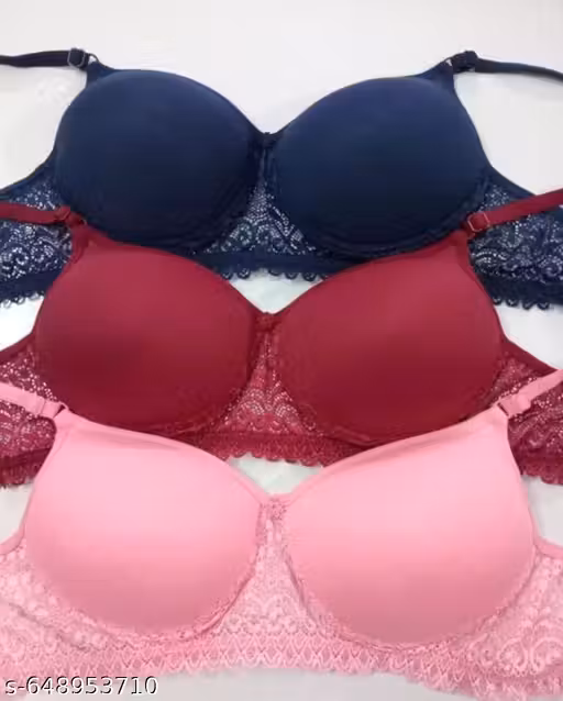 Women girls ladies Padded bra combo Full Coverage bra non wired bra pack of 3 Women’s Padded Bra Pack of 3 | Push-Up Lightly Padded Lace Bras | Everyday Comfort Lingerie Combo (Navy, Maroon, Pink)