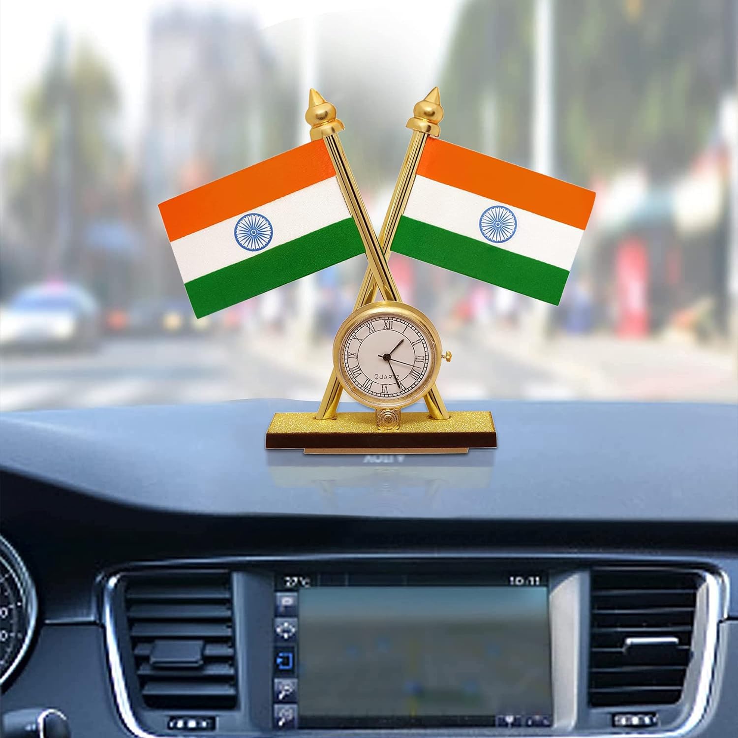 Premium Dual Indian Flag with Mini Clock Showpiece for Car Dashboard, Office Desk & Home Decor Stylish Tricolor Table Decoration & Gift Item