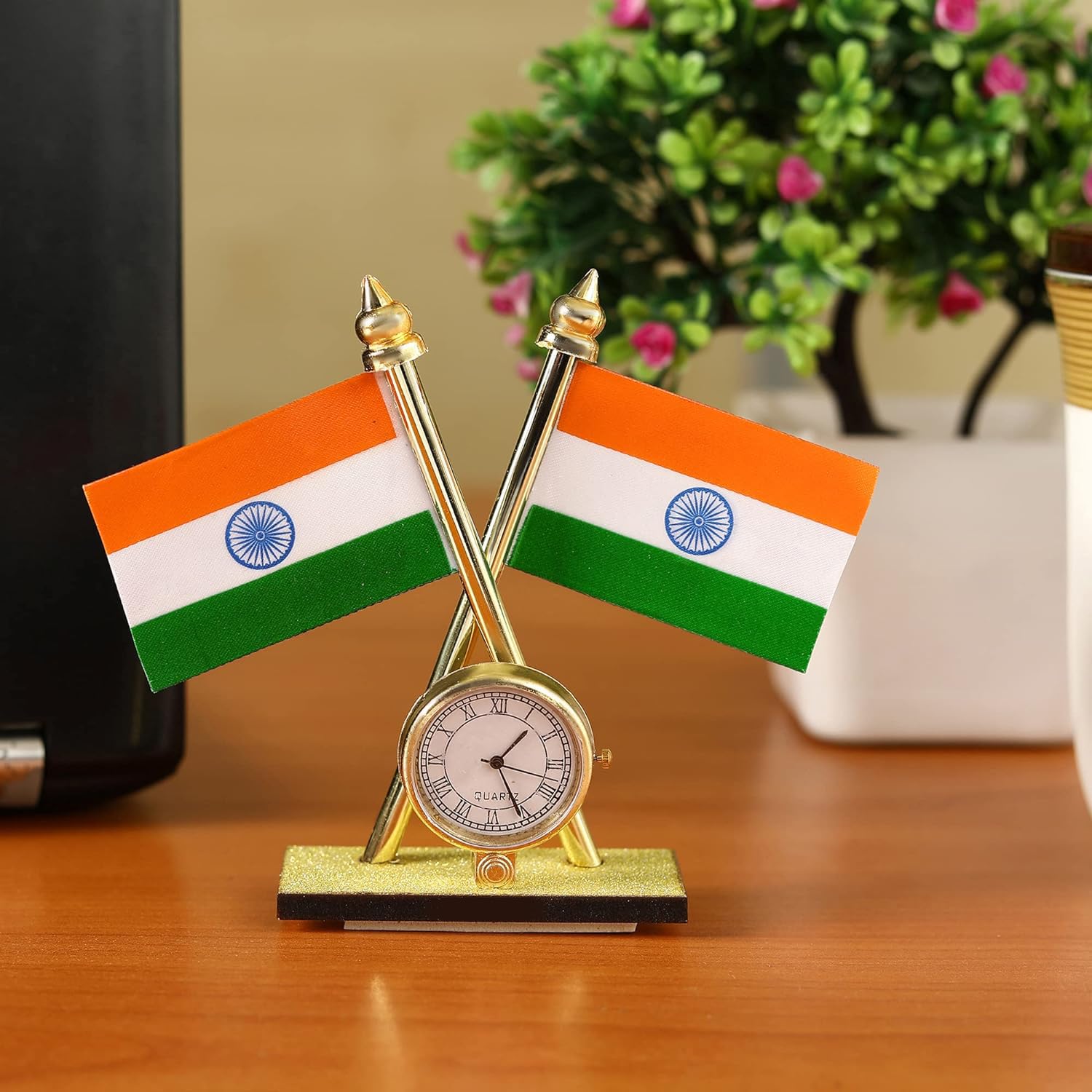 Indian Tricolor Flag with Built-in Analog Clock Elegant Desk Decor for Office, Car Dashboard & Home Perfect Gift for Patriotic Occasions