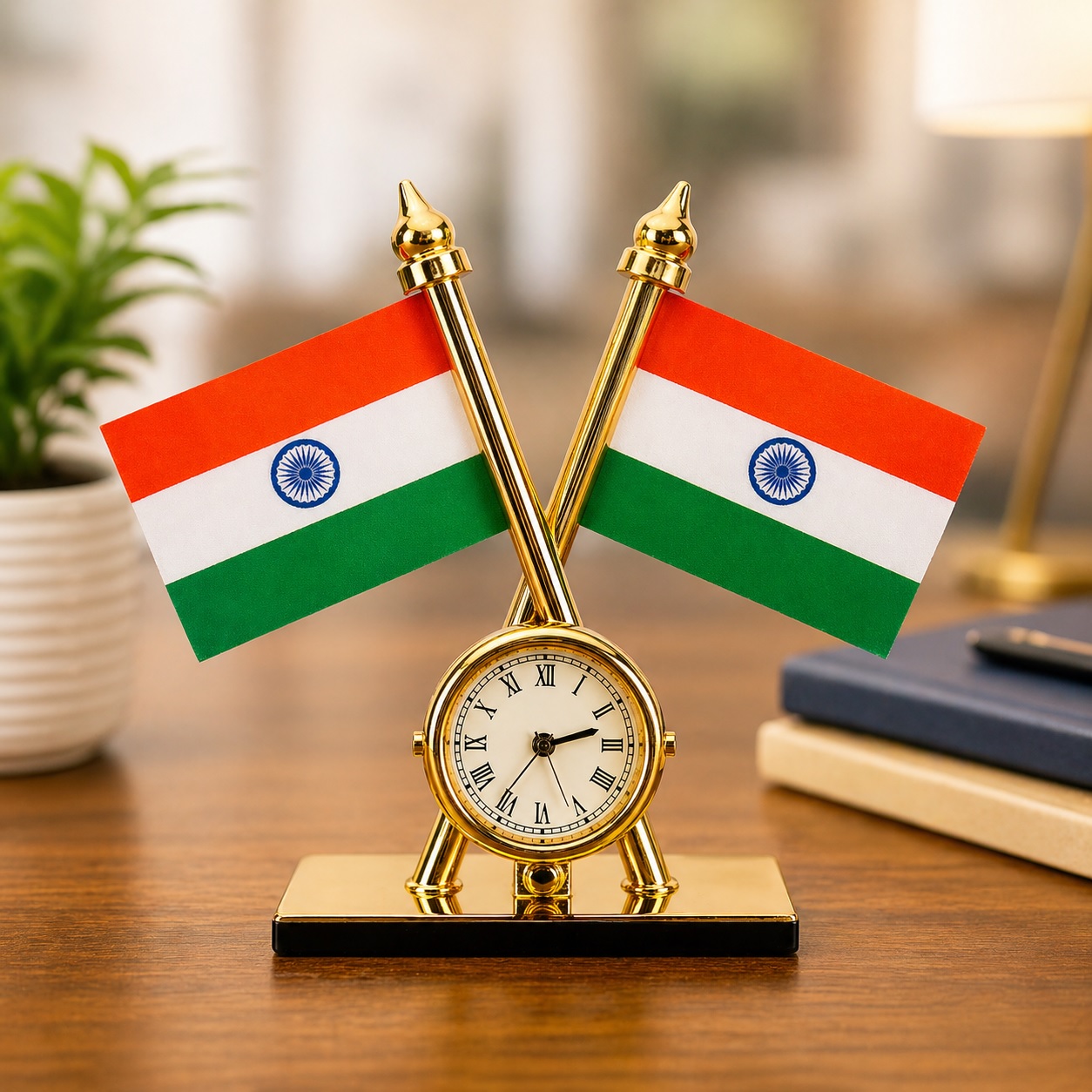 Dual Indian Flag Desk Clock with Metal Stand Elegant Home & Office Decor Item Perfect Dashboard Accessory & Gifting Option