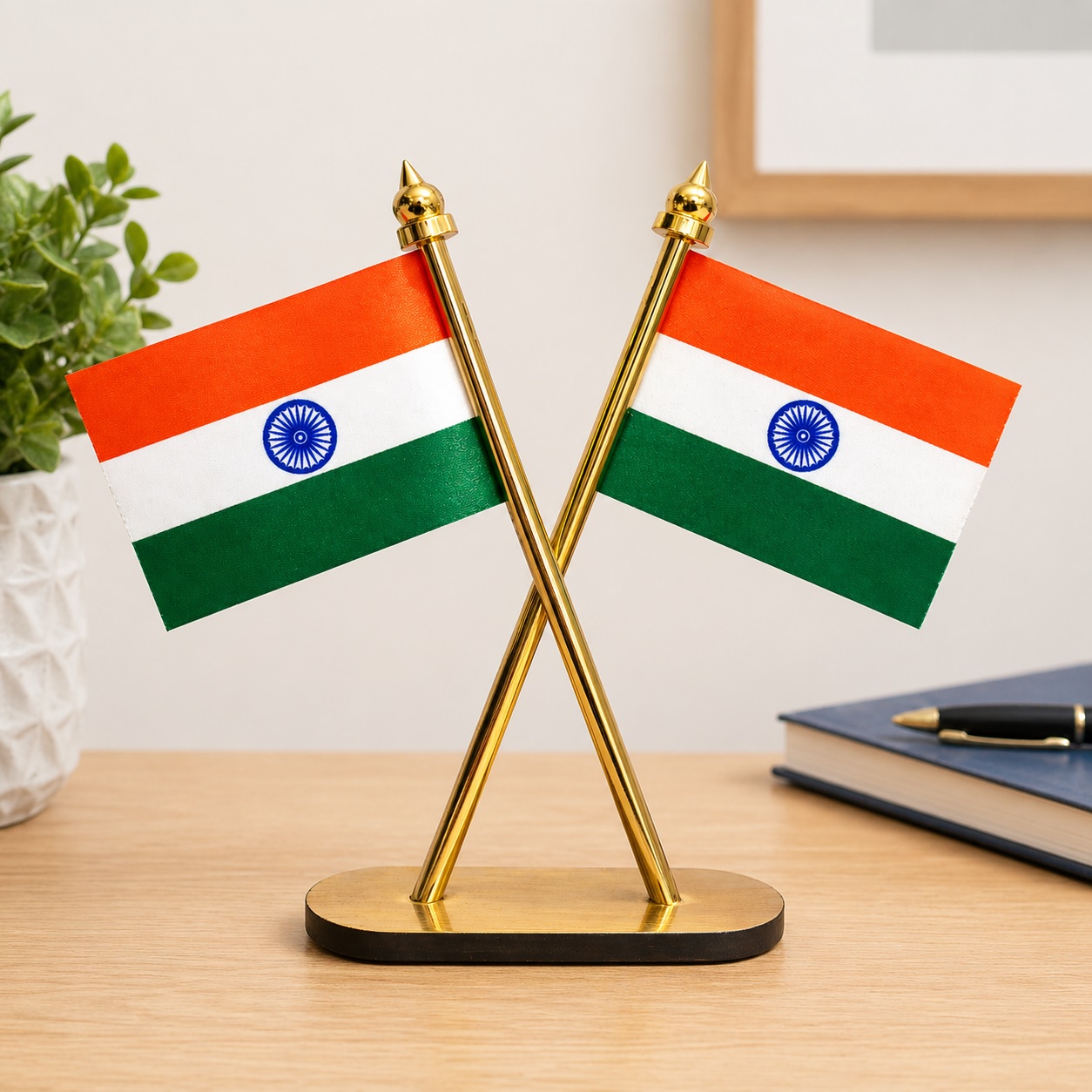 High Quality Dual Indian Flag Stand for Desk, Car Interior & Showcase Decor – Strong Base, Elegant Design & Long Lasting Finish