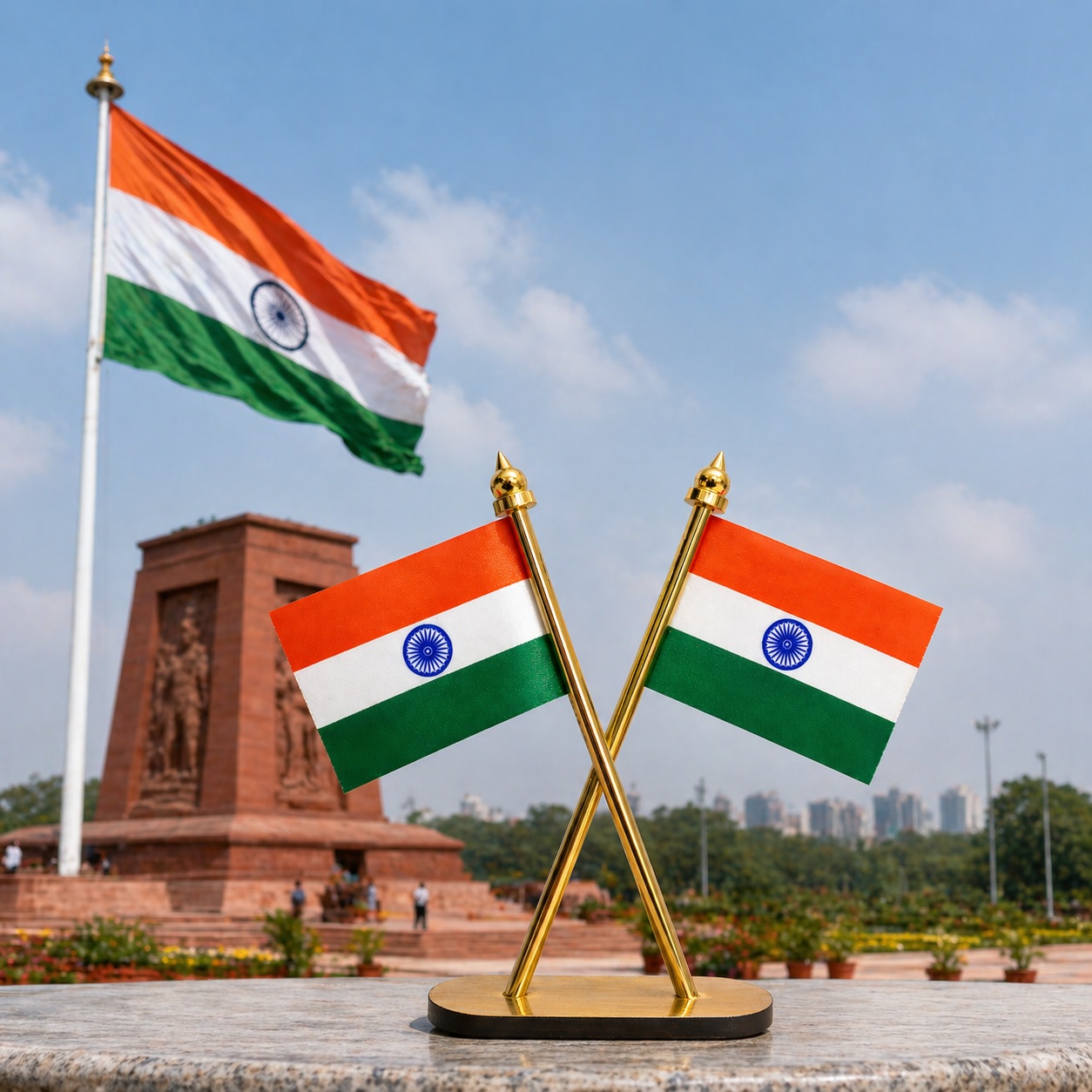 Large Dual Indian Flag Showpiece for Office Desk, Home Decor & Car Dashboard Premium Tiranga Stand for Patriotic Gifting & Decoration