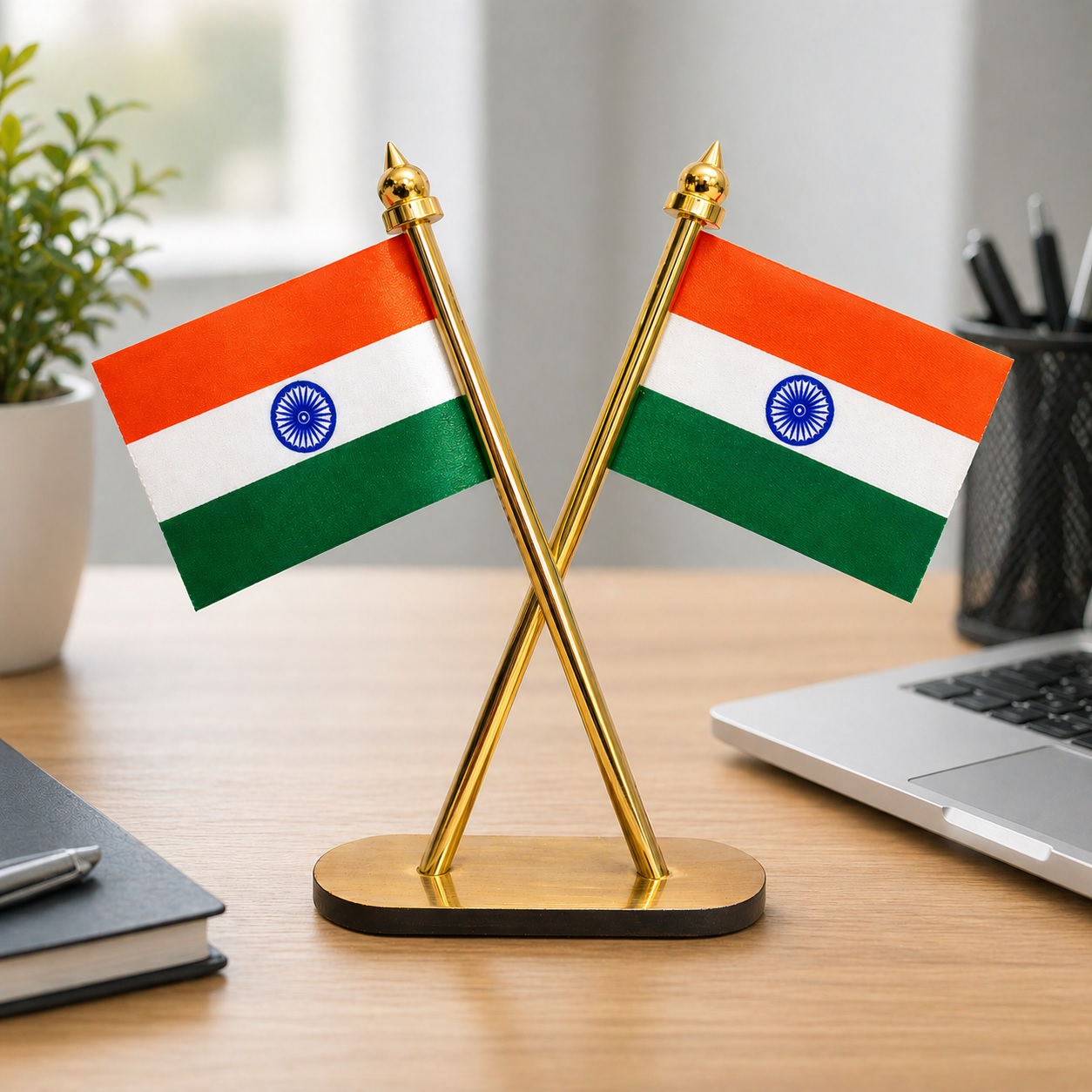 Elegant Large Dual Indian Flag Stand for Desk, Car & Home Decor Perfect Patriotic Gift for Independence Day & Republic Day Celebration