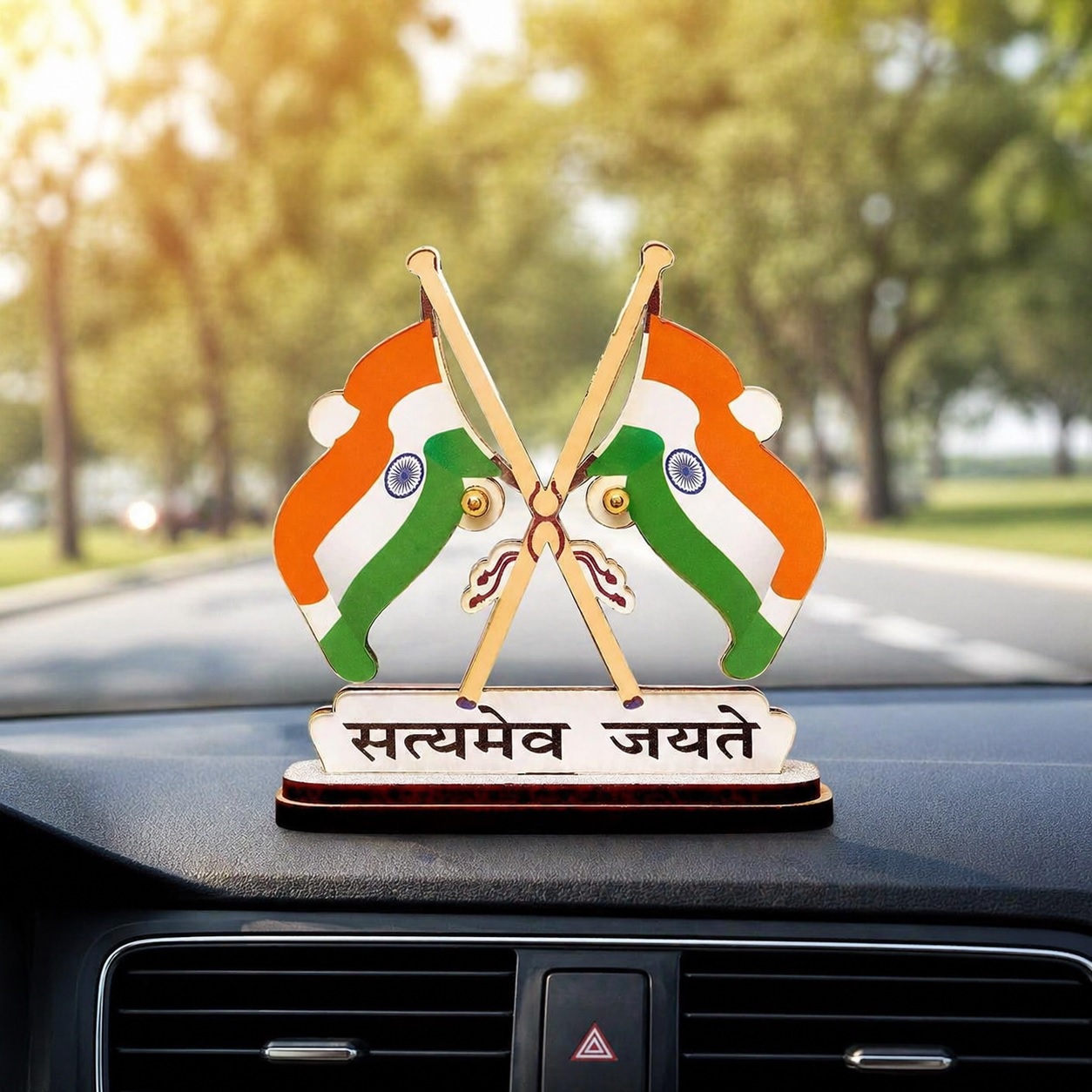 Dual Indian Flag Showpiece with Satyamev Jayate Base for Office Desk, Home Decor & Car Dashboard Premium Patriotic Gift Item