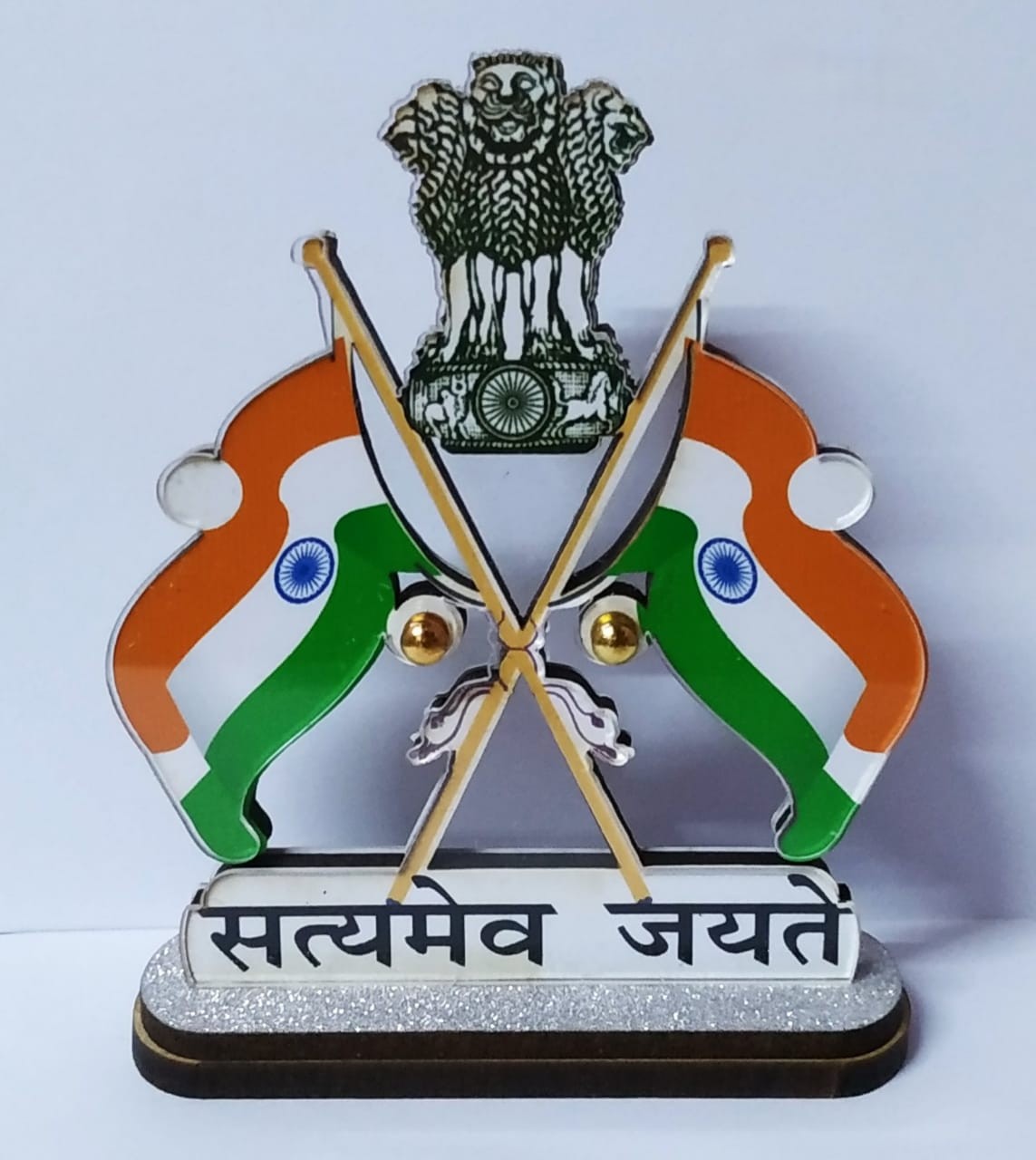 Indian Flag Showpiece Large Size with Satyamev Jayate Base for Office Desk, Home Decoration & Car Dashboard Durable & Stylish Design