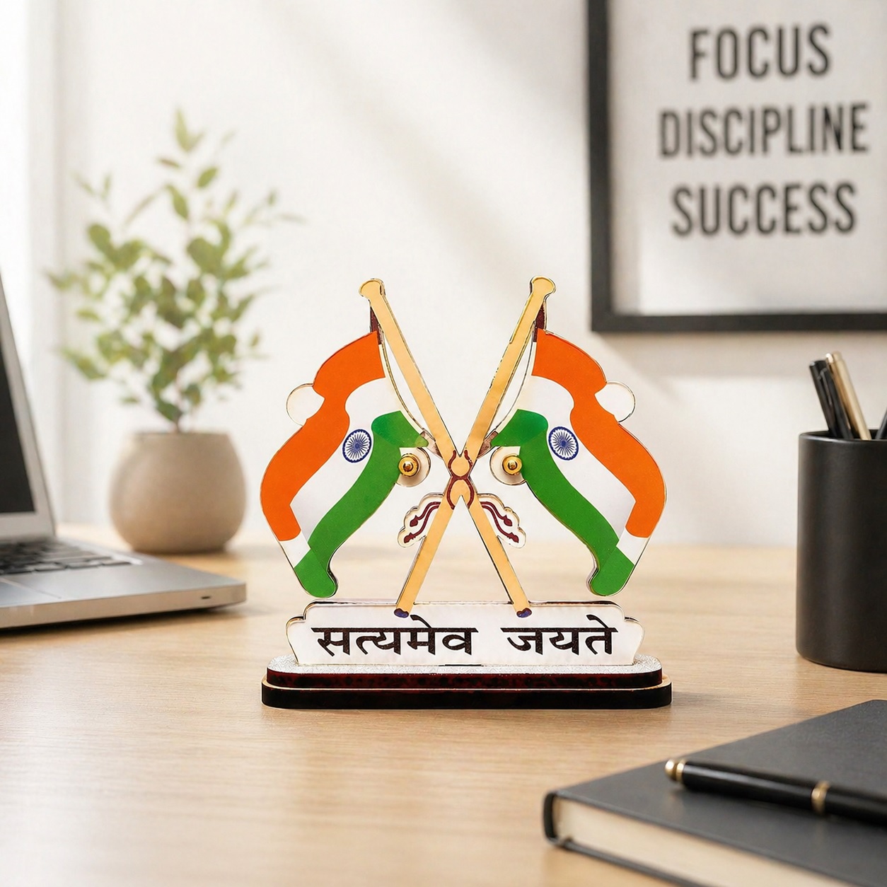 Dual Indian Flag Decorative Stand with Satyamev Jayate for Office Desk, Car Dashboard & Home Decor Best Patriotic Gift Item