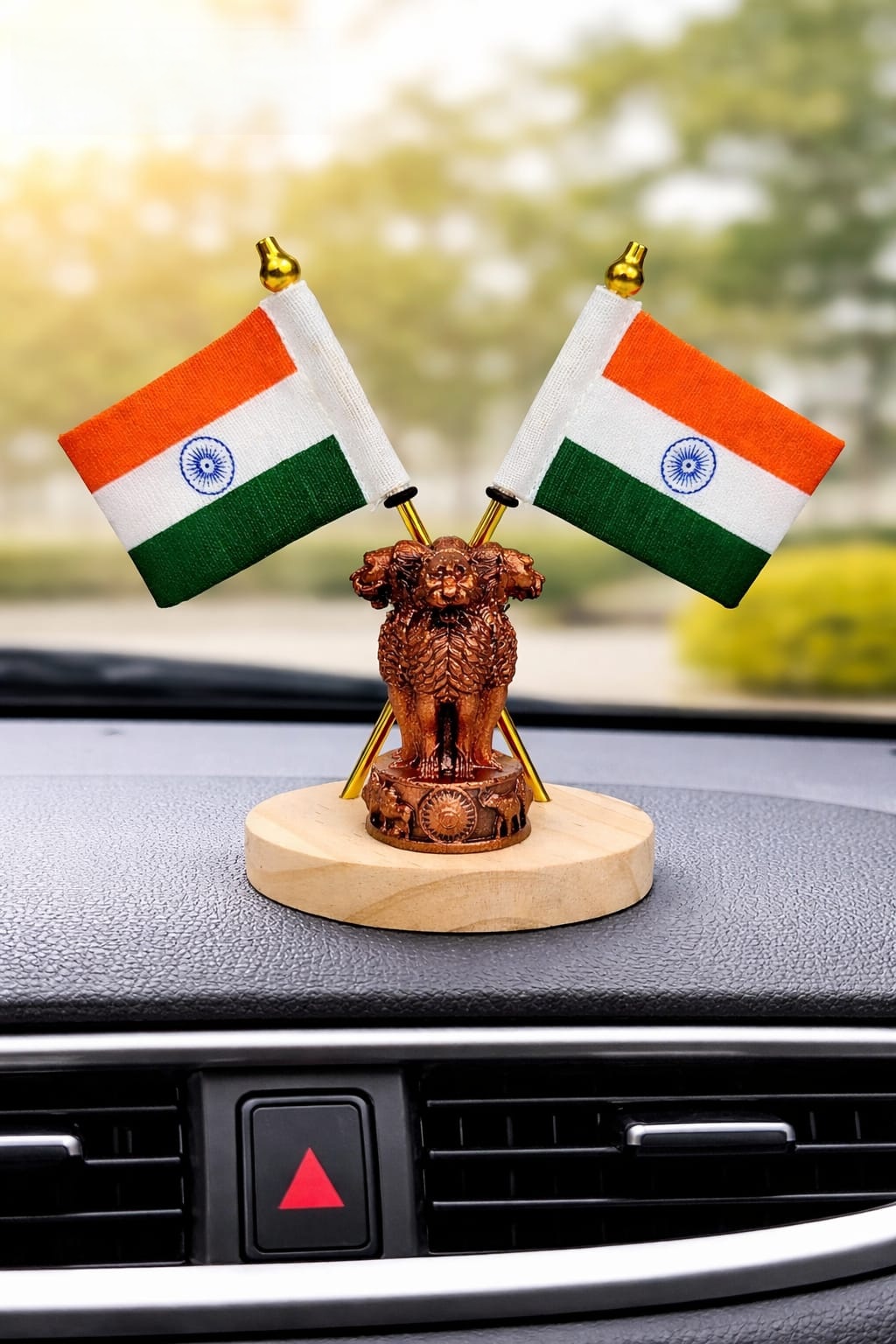 Dual Indian Cotton Flag Showpiece, Premium Wooden Base, Office Desk Home Decor & Car Dashboard Decor, Patriotic Gift