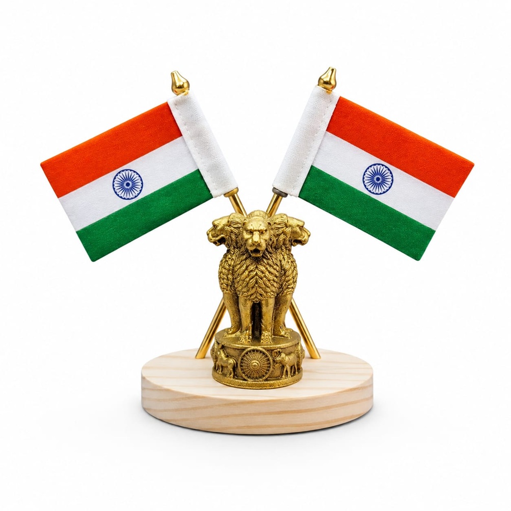 Dual Indian Cotton Flag Showpiece, High-Quality Cotton Fabric, Elegant Office Desk Home Decor & Car Dashboard Accessory