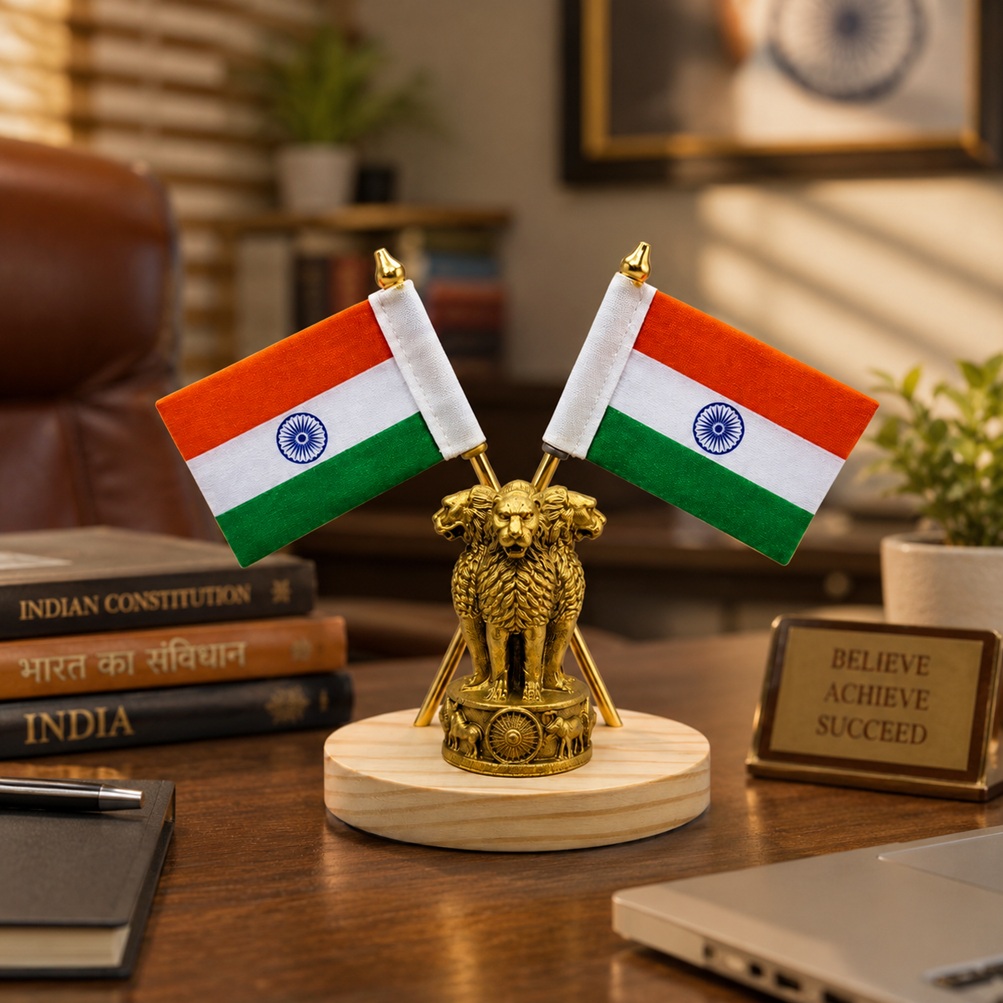 Dual Indian Cotton Flag Showpiece, Durable Wooden Base, Office Desk Home Decor & Car Dashboard Display
