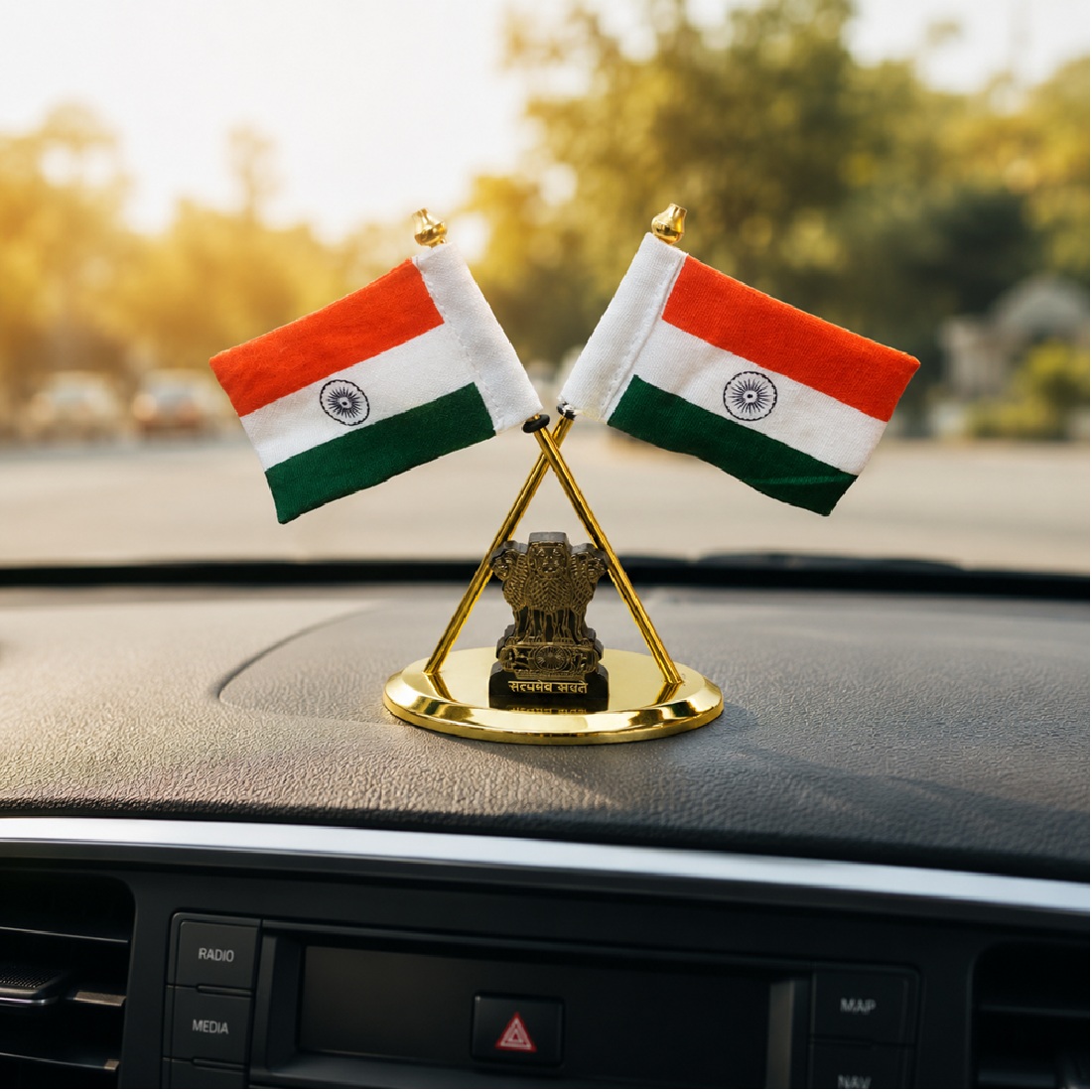 Dual Indian Cotton Flag Showpiece, Metal Base, Office Desk Home Decor & Car Dashboard, Premium Bharat Desk Decoration